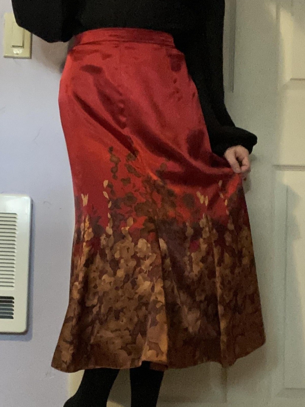 Coldwater Creek Red Satin Midi Skirt with Brown Floral Border